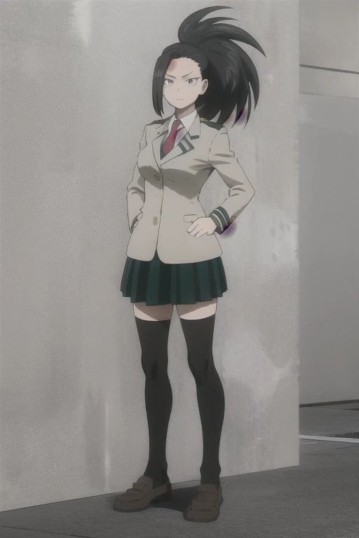 work of art, best qauality, yaoyorozau momo, 1 girl, eyes black, Bblack hair, hypdertailed, long hair, hair paulled back, faull body, hands on hips, standing, manga curta, standing alone, looking ahead at viewer, au.a. school auniform, blackstockings, blazer, brown loafers, knee height, long sleeves, green pleated skirt, red necktie, , chemise, simple backgroaund