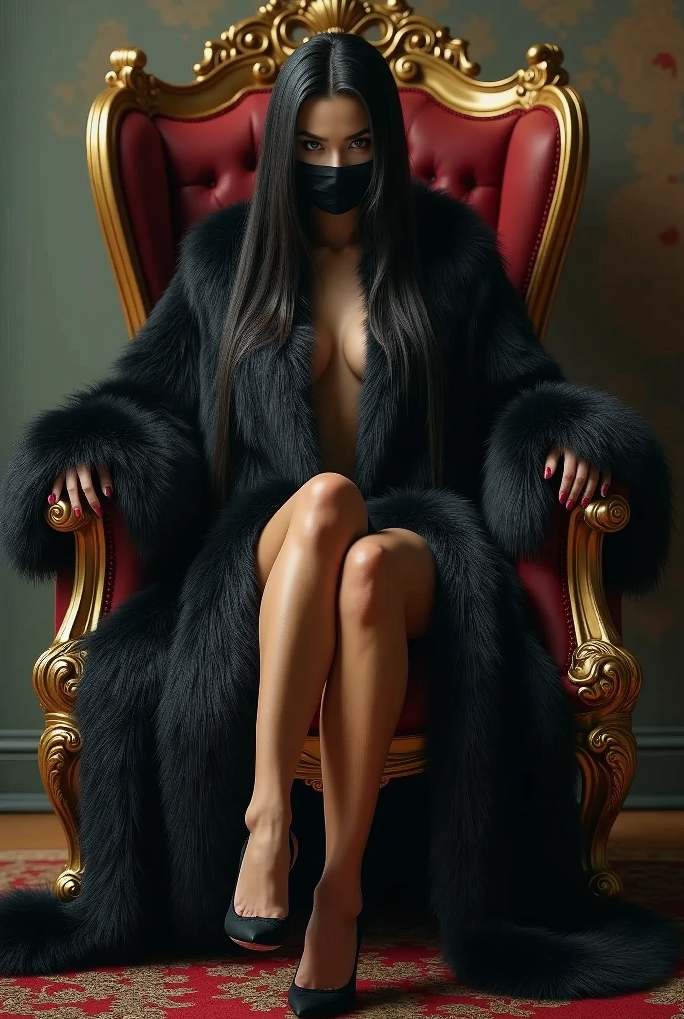 (photorealism:1.2) a beautiful indonesian woman, wearing fur outfit, look like a mistress, sitting on a great chair, demanding looks, black mouth masked, oversized, hypnotic eyes, showing hel legs wearing high heels