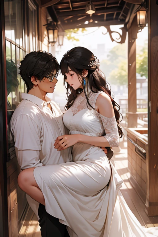 Highest quality、masterpiece、High sensitivity、High resolution、Detailed Description、Slender women、Glasses、The man is carrying the woman.、Lift with both hands、