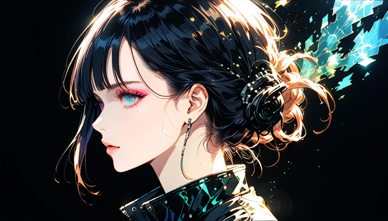 cyber punk,Female punk singer, lofi ,Run,Harry Clarke style,(Ashley Wood Style:1.4), (Double exposure:1.4),Thrilling footage released,cyber punk ヴェイパーウェイヴ,Holographic Projection,(Pause,Dynamic Action:1.8)