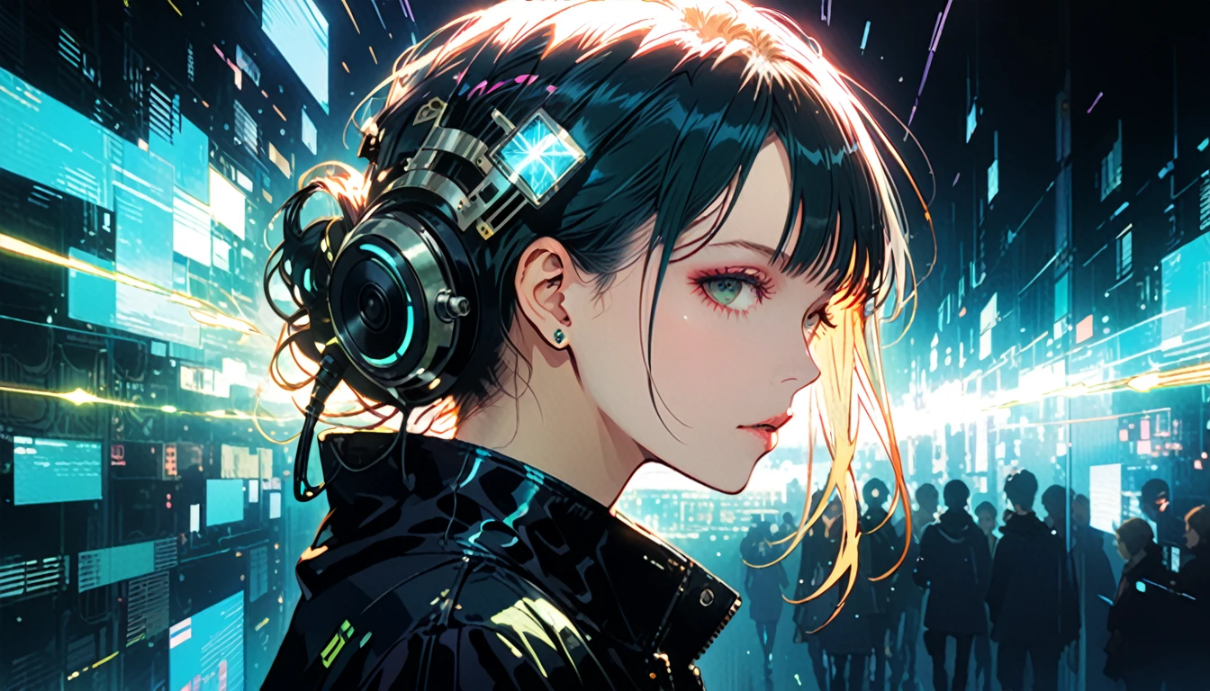 cyber punk,Female punk singer, lofi ,Run,Harry Clarke style,(Ashley Wood Style:1.4), (Double exposure:1.4),Thrilling footage released,cyber punk ヴェイパーウェイヴ,Holographic Projection,(Pause,Dynamic Action:1.8)