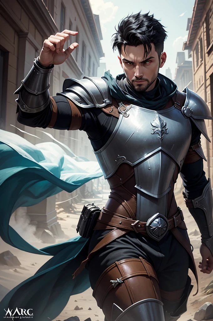 digital painting MTG card art, dynamic pose, one  men, wearing armor, short black hair, rpg character portrait.