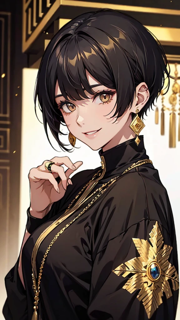 woman、smile、Black Short Hair、Black and gold eyes、large ring earrings、Casual clothing、Upper Body
