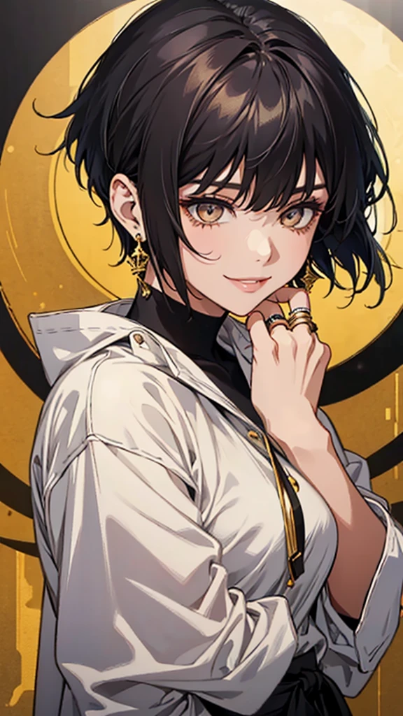 woman、smile、Black Short Hair、Black and gold eyes、large ring earrings、Casual clothing、Upper Body