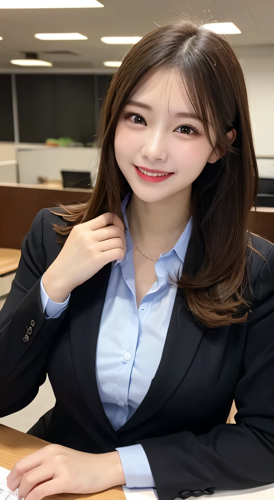 Tabletop, Highest quality, figure, Very detailed, In detail, High resolution, Beautiful girl、Laughter、Protruding nipples、Sheer top shirt、Casual business suit、Large Breasts、The chest was wide open、Office Background