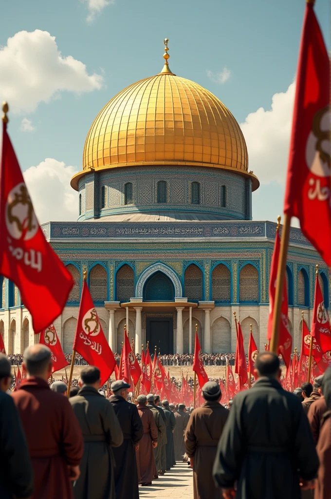 Close up of Jerusalem's small Al aqsa mosque (the golden dome) at the time of the Fatimid dynasty with many dawoodi bohra surrounding it and holding flags of ya Hussain, remember that Al aqsa mosque has just 1 dome which is golden 