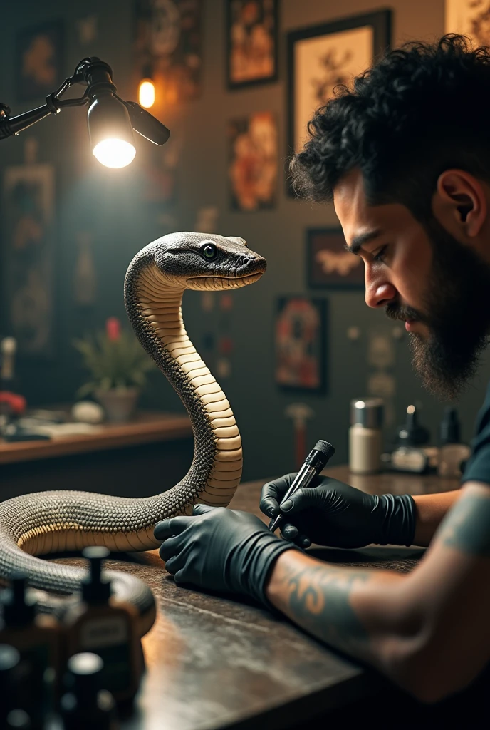(photorealism:1.2), snake getting a cross tattoo on his neck in a tattoo shop