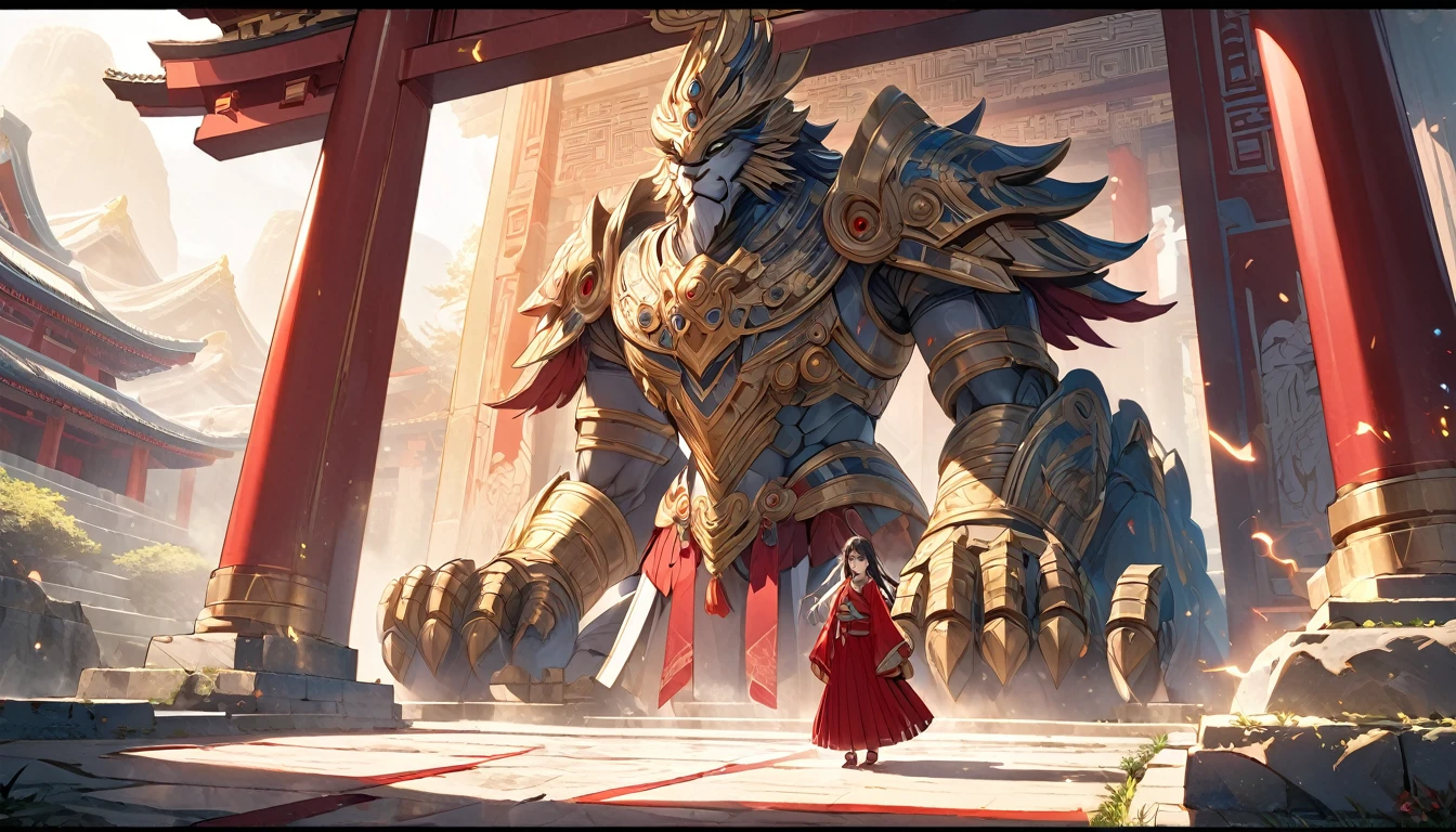 **266. One person。Ancient templeの守護者。Protecting the temple with mystical power。Cowboy shot or close-up。  
masterpiece, best quality, ultra detailed (Detailed fingers), (Emotional), (Breathtakingly beautiful),  
(main part: 1.2 Whole body。), (Anime Style), (Very detailed), (Ancient Guardian),  
(超High resolution, High resolution), (8k), (High resolution: 1.2), (Complex and beautiful: 1.2)**
- background: Ancient temple、A scenery where mystical patterns and light spread。
- Guardian: Young woman, around 18 years old、With ancient attire and mystical power、A figure guarding the temple。
-pose: In front of the temple gate、Guardian posture while exerting power。
-expression: A dignified yet kind expression、Posture showing deep affection for the temple。
- Effects: Mystical light and magical effects floating around the temple。
-color: Gold and deep red、Contrast symbolizing ancient mystery and power。
