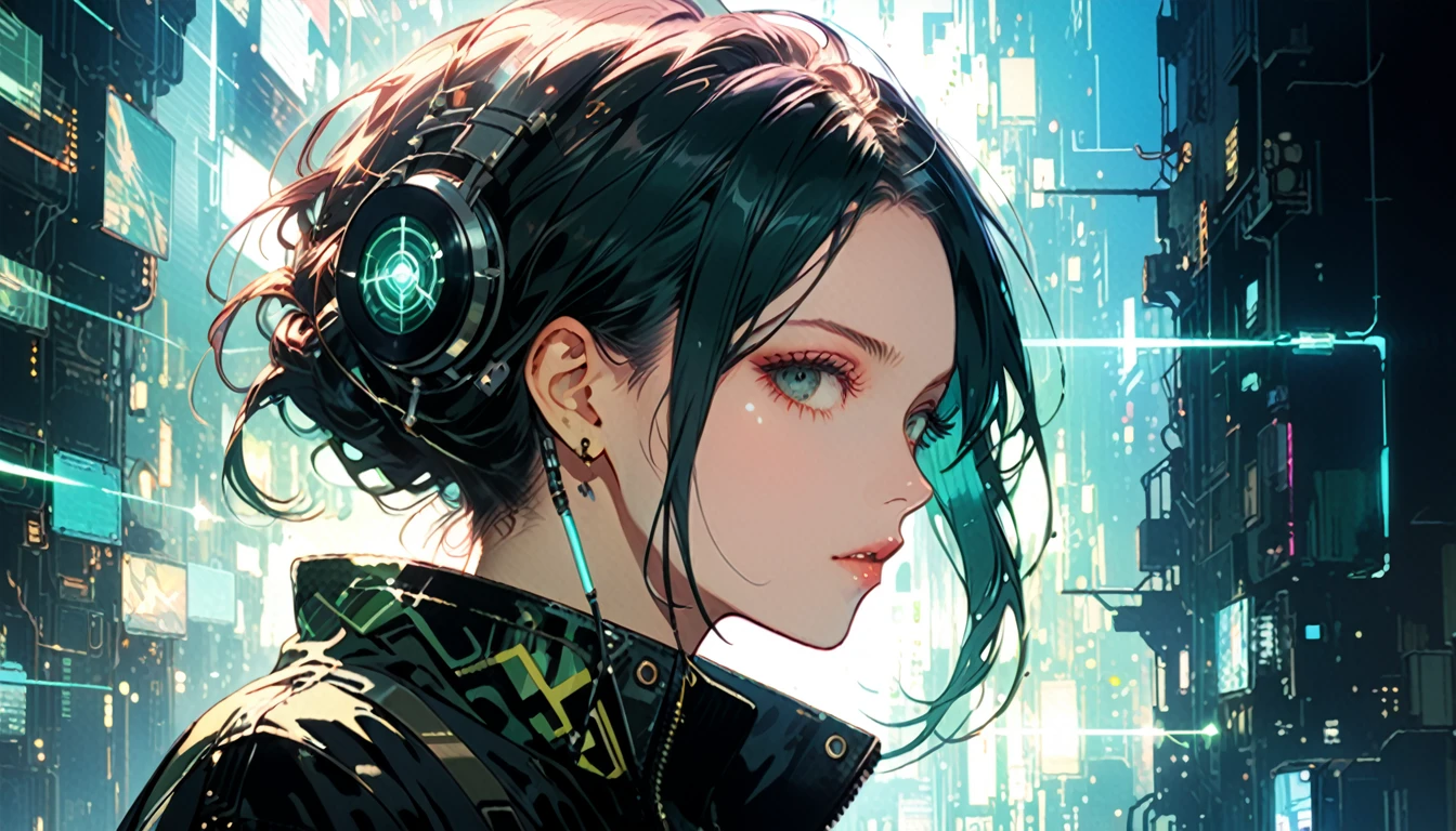 cyber punk,Female punk singer, lofi ,Run,Harry Clarke style,(Ashley Wood Style:1.4), (Double exposure:1.4),Thrilling footage released,cyber punk ヴェイパーウェイヴ,Holographic Projection,(Pause,Dynamic Action:1.8)