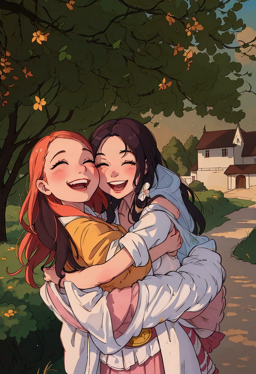 (best quality:0.8) perfect anime illustration, a woman and a are smiling and hugging each other, jovana rikalo, a picture, smiling playfully, head bent back in laughter, photo of a beautiful, giggling, happy and smiling, being delighted and cheerful, smiling laughing, laughing, beautiful and smiling, family photography, by Emma Andijewska, both laughing, playful smile