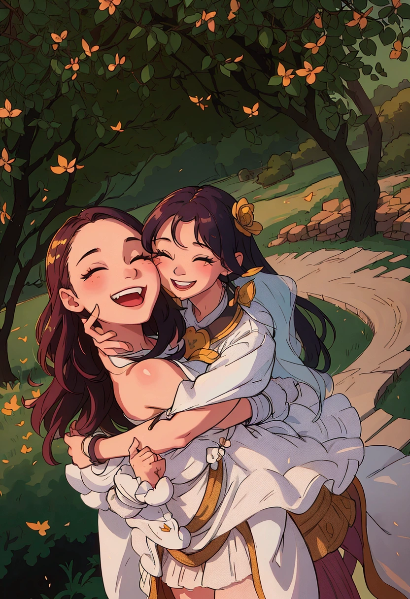 (best quality:0.8) perfect anime illustration, a woman and a are smiling and hugging each other, jovana rikalo, a picture, smiling playfully, head bent back in laughter, photo of a beautiful, giggling, happy and smiling, being delighted and cheerful, smiling laughing, laughing, beautiful and smiling, family photography, by Emma Andijewska, both laughing, playful smile