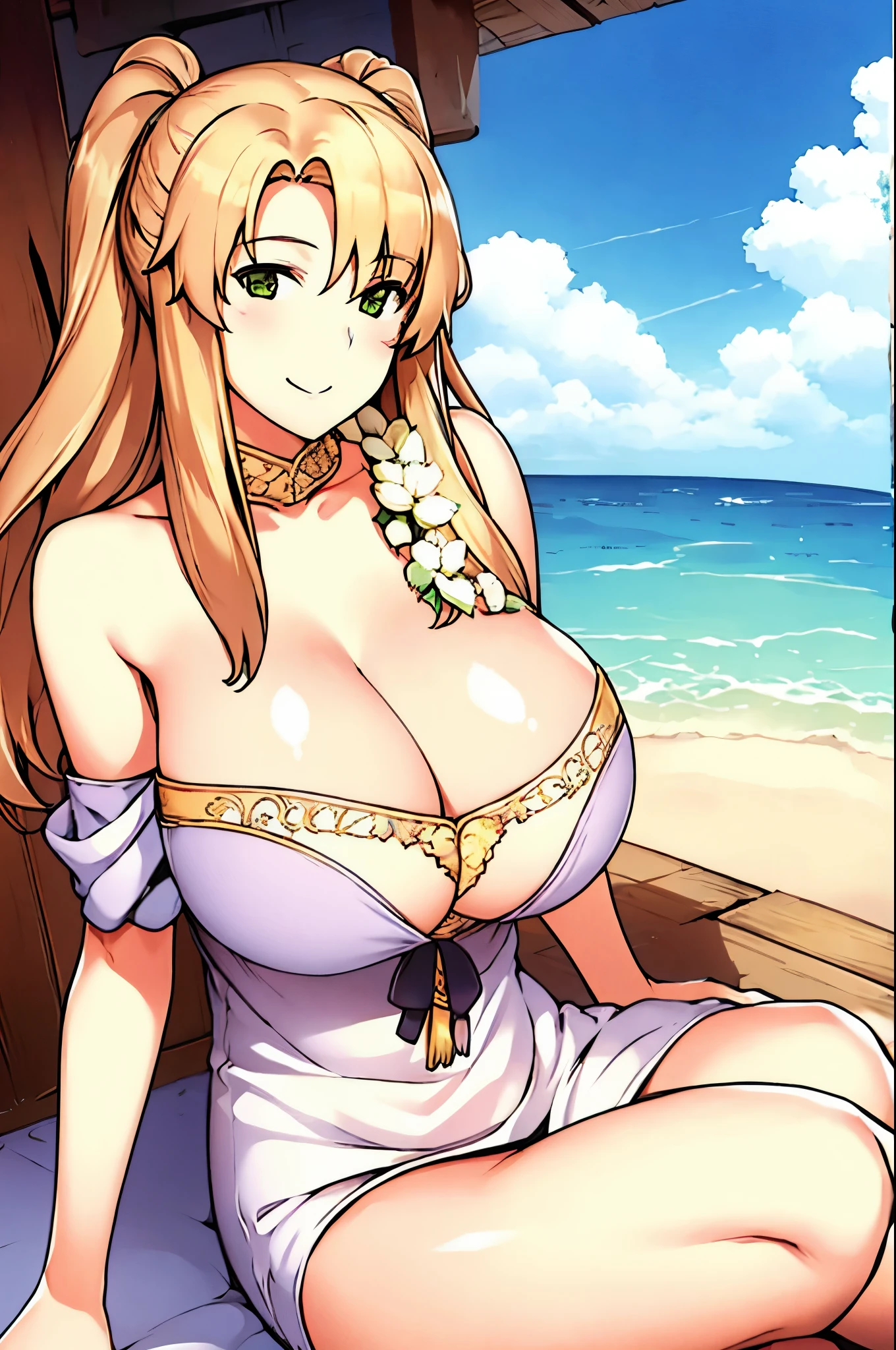 Smiling, hands behind back, cleavage, off the shoulders