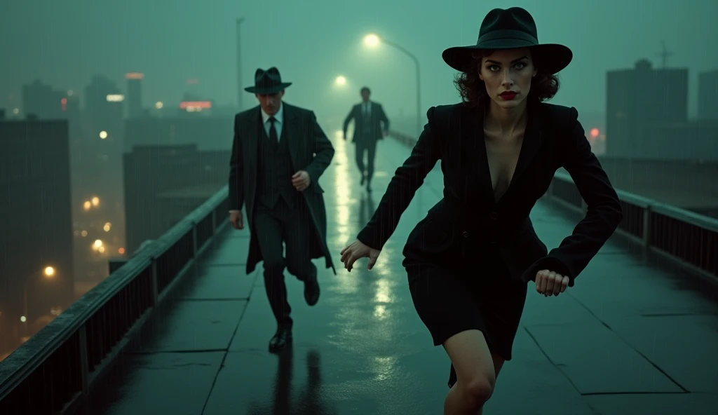 Film Noir Art Style: Aerial view of a rain-soaked 1940s cityscape at night, enveloped in deep shadows and mist. In the foreground, the femme fatale Evelyn (Physical Appearance: A striking woman in her late 20s, with high cheekbones and a sharp jawline. Her skin is pale, contrasting starkly with her dark, piercing green eyes. Her lips are painted a deep crimson, and she wears a subtle but noticeable smirk that hints at her dangerous allure.
Clothing: She is dressed in a sleek, black, form-fitting dress that reaches just below her knees, the fabric shimmering slightly under the dim city lights. Her wide-brimmed hat is tilted elegantly, partially concealing her face in shadow, adding to her enigmatic presence. She wears black high heels that click sharply against the concrete, and her gloves are satin, tight-fitting, and immaculate.) is sprinting across a rooftop. Her sleek, black dress clings to her form, shimmering slightly under the dim city lights, and her wide-brimmed hat casts a mysterious shadow over her piercing green eyes. Her crimson lips are set in a determined line as she moves with feline grace. In the distance, the detective John (Physical Appearance: A rugged man in his mid-30s, with a strong jawline and a five o'clock shadow. He has piercing blue eyes that seem to cut through the darkness, and his expression is one of unwavering determination. His skin is weathered, showing signs of a life spent on the streets.
Clothing: He is dressed in a dark, double-breasted trench coat that reaches his knees, the coat flaring slightly as he moves. He wears a classic black fedora with a slightly tilted brim, which casts a shadow over his eyes, adding to his mysterious aura. His gloves are leather, worn from years of use, and his shoes are polished but scuffed from the chase.) is just beginning his chase, his dark trench coat flaring out as he runs. His fedora is tilted, obscuring his sharp blue eyes as he focuses intently on his target. The lighting is stark, with ha