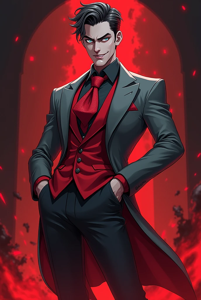 In Hell, Leonardo sport a sleek crimson and grey outfit that highlights your sophisticated French flair, complete with an elegant tailcoat and a shimmering cravat. Leo's eyes gleam with mischief, and he have sharp fangs that peek out as he smile, in Hazbin Hotel drawing style.