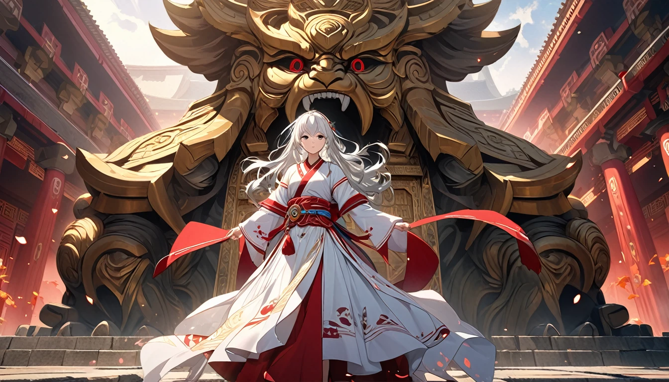 **266. One person。Ancient templeの守護者。Protecting the temple with mystical power。Cowboy shot or close-up。  
masterpiece, best quality, ultra detailed (Detailed fingers), (Emotional), (Breathtakingly beautiful),  
(main part: 1.2 Whole body。), (Anime Style), (Very detailed), (Ancient Guardian),  
(超High resolution, High resolution), (8k), (High resolution: 1.2), (Complex and beautiful: 1.2)**
- background: Ancient temple、A scenery where mystical patterns and light spread。
- Guardian: Young woman, around 18 years old、With ancient attire and mystical power、A figure guarding the temple。
-pose: In front of the temple gate、Guardian posture while exerting power。
-expression: A dignified yet kind expression、Posture showing deep affection for the temple。
- Effects: Mystical light and magical effects floating around the temple。
-color: Gold and deep red、Contrast symbolizing ancient mystery and power。
