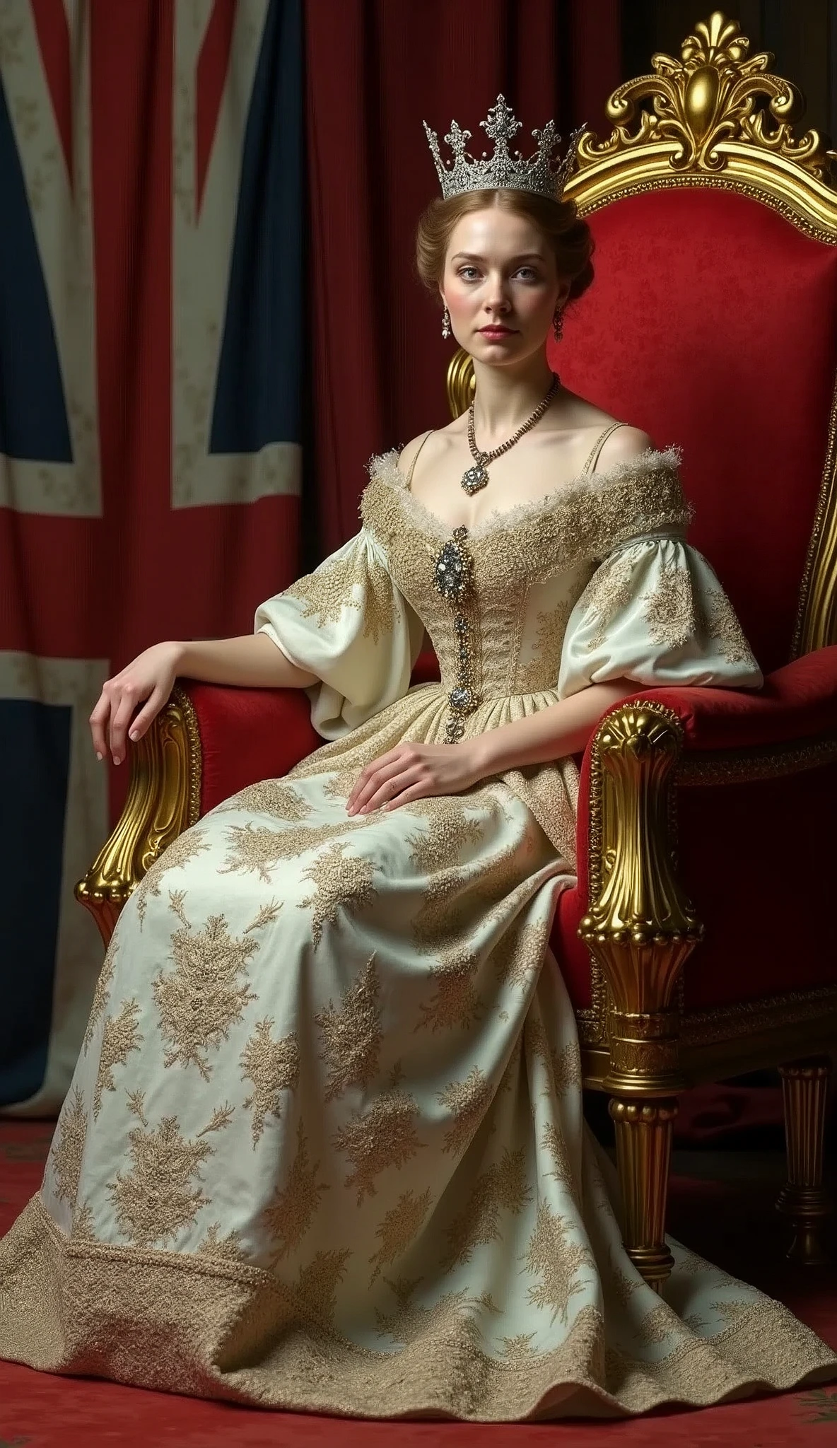 The beautiful Queen Victoria at 18。whole body。Sit on a throne、Wearing the crown、Holding a scepter and a jewel、With a Union Jack background