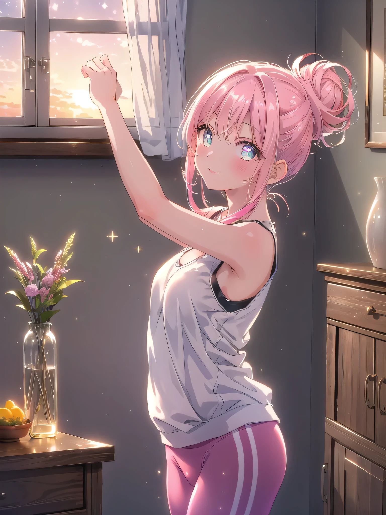 ((8k, Highest quality, masterpiece: 1.3)),Ultra-high resolution,(1 girl, alone), (Color changing eyes, Ultra-detailed, Expressive brilliance, Glitter, Glowing Eyes), Highly detailed eyes, Highly detailed face, Random Hair, ((pastel colour)),A cheerful young woman with pastel pink hair styled into a messy bun, standing by her window in her softly lit bedroom during a golden hour evening. She is dressed in a modest yet subtly sexy yoga instructor cosplay, wearing a fitted tank top and yoga pants, with a yoga mat rolled out beside her. The camera captures her from a side angle as she stretches with a bright smile, her expression full of tranquility and satisfaction. The room is warmly lit by the setting sun, with a few candles on the windowsill, a small indoor plant, and a serene, calming atmosphere.
