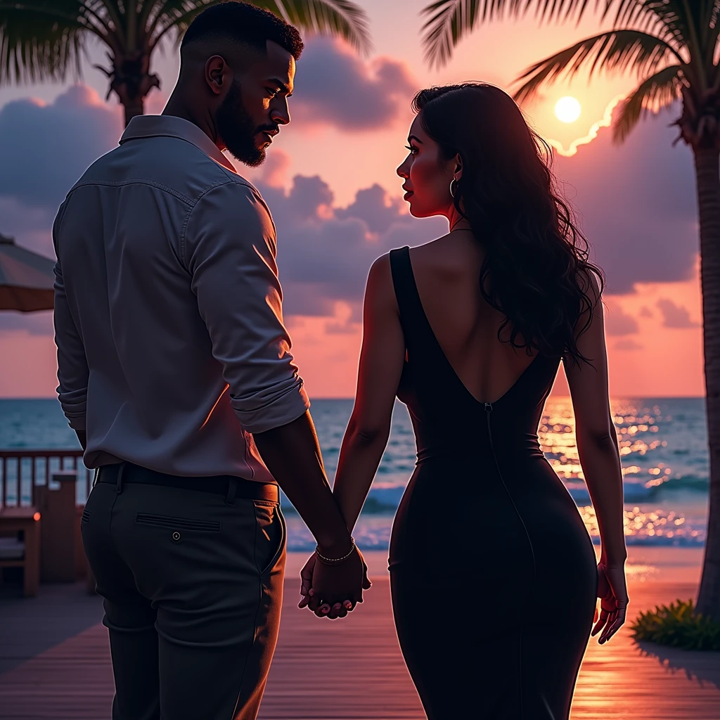 generates an action scene where a couple of lovers (a handsome afroamerican man with short haircute and a beauty Latin woman with dark chocolate skin and a nice body with curves, round breasts and firm, wide and generous hips, a black dress with a low neckline) meet in a boardwalk facing the sea, warm colors, be creative and achieve a book cover image.
