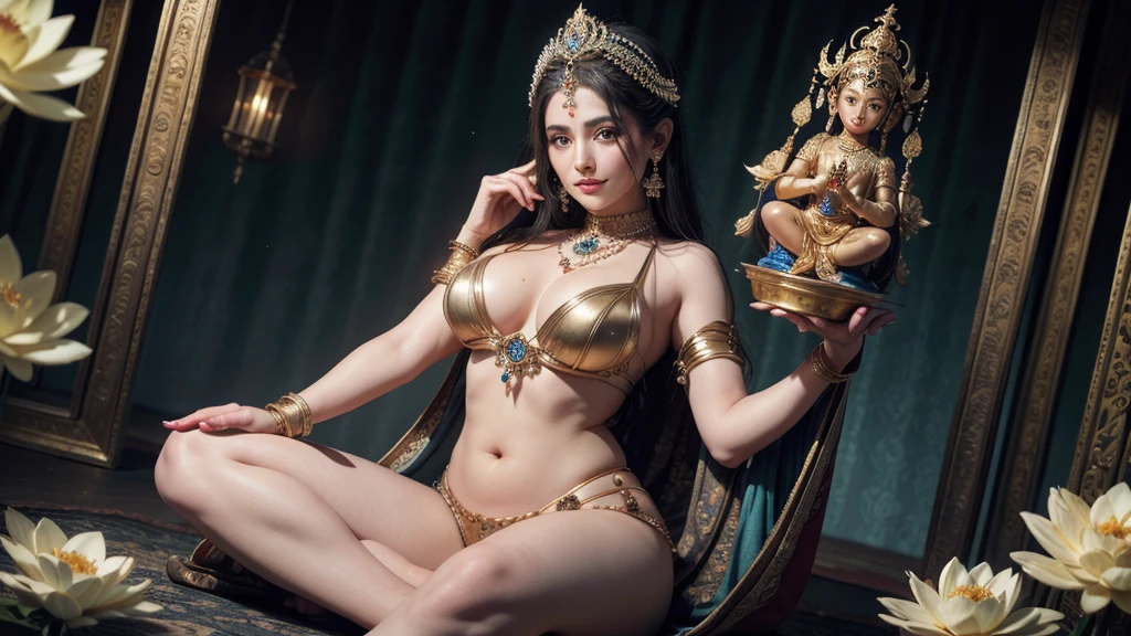 Hindu Goddess Lakshmi with 4 arms seated on a gold and white Lotus flower adorned with jewels, blue gemstones and sapphires with a lilac background