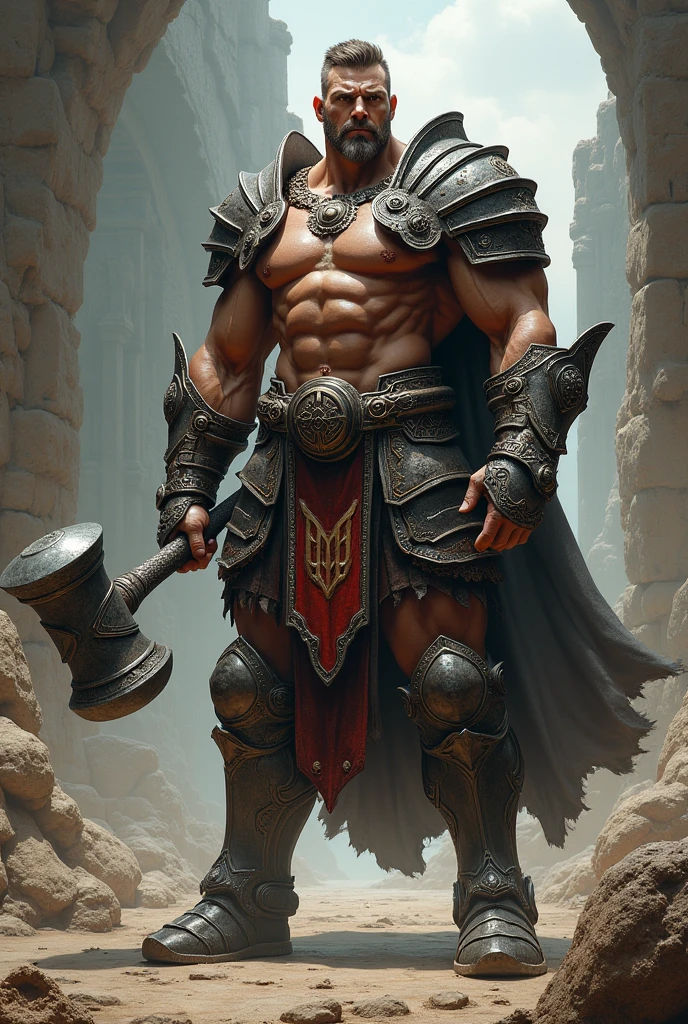 Gentle muscular man with a hammer and armor