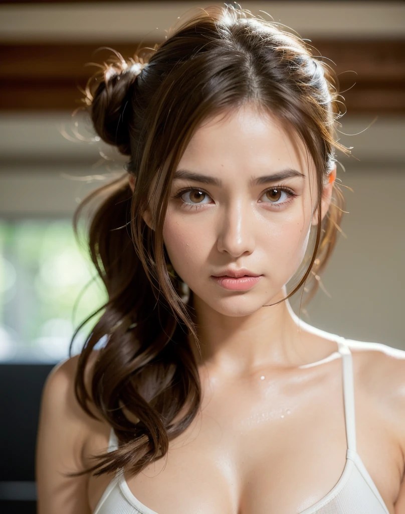 Highest quality, Face Focus, Soft Light, Ultra-high resolution, (Realistic:1.4), RAW Photos,
1 Japan, alone, cute, (pupil, light in your eyes), Beautiful face in every detail, (Small Box),(High resolution detail of human skin texture),
(Long Hair),
indoor,
(Portraiture)Large Breasts, Brown Hair, Bun Hair, Sports Bra, gym,Sweat,
Wet,