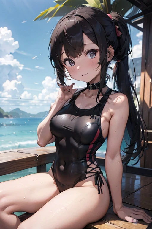 best quality, 1girl, solo, (suou yuki:1.2), __posture__, long hair, black hair, half updo, bangs, hair between eyes, brown eyes, middle breasts, breasts, (swimsuit:1.2), bikini, looking at viewer, smile, outdoors, sitting, wet, parted lips, blush, thighs, tree, palm tree, bare shoulders, day, collarbone, sleeveless, bare arms, sky __posture__：standing\nstanding\n(contrapposto:1.1)\n(contrapposto:1.2)\n(sitting:1.1)\n(sitting:1.2)