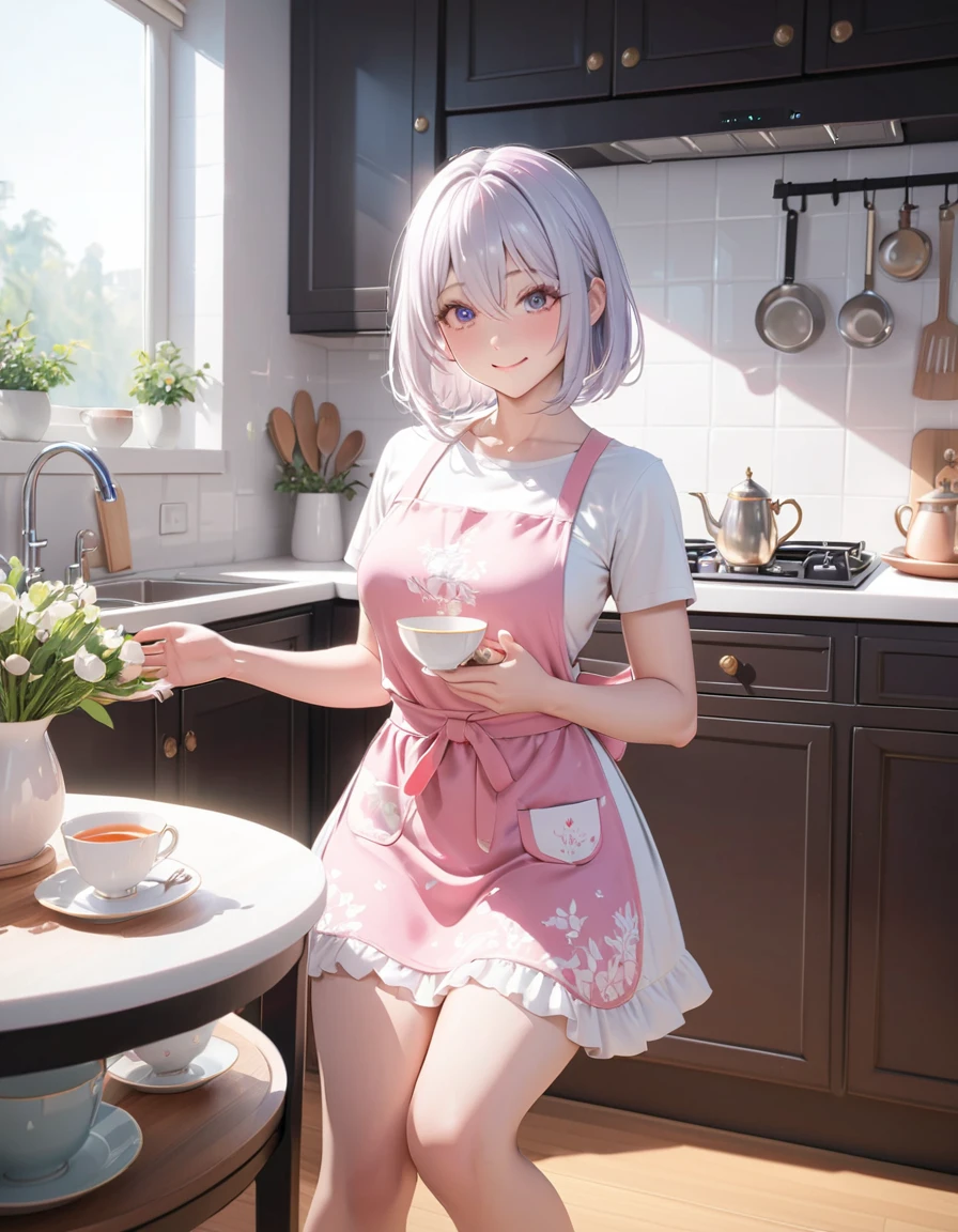 glowing particles, ambient lights, cute, pastel art, full body detailed, 4K, hdr, high details, perfect lighting, perfect anatomy, (shiny silver hair, bob cut, bang between eyes, beautiful hair), (glossy silver eyes:1.5), (beautiful eyes, twinkle eyes, large eyes, close eyes), (athlete body,large breasts), cute face, beautiful face, pretty face, beautiful, best quality, good anatomy,long eyelashes, expressive eyes, Perfect Hands, perfecteyes, pink botanical print apron, white shirt, short sleeves, morning, kitchen, happy, smile, 4teacups, 1girl, she holds the teapot handle in her right hand, Tea is poured from a teapot into a teacup, put her left hand on her waist,