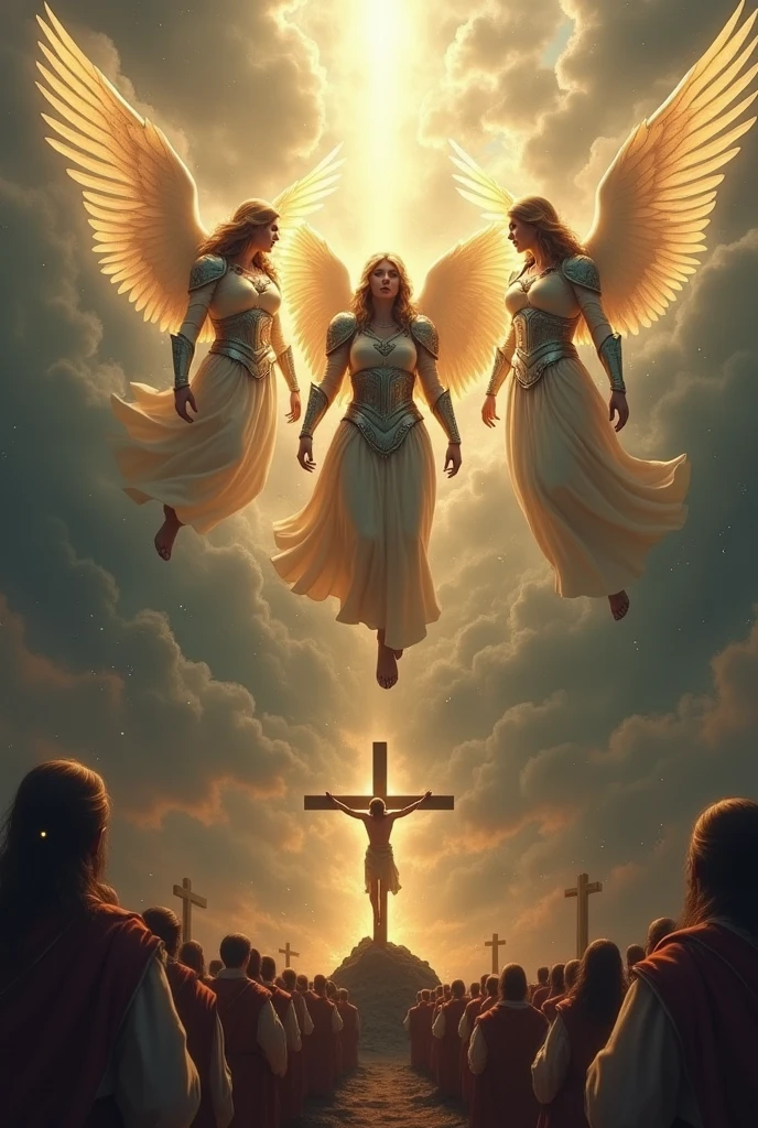 A group of sorrowful warrior angels in the sky, wearing shining, radiant armor and robes. They are crying and deeply lamenting, their faces clearly showing intense sadness as they look down toward Earth. Below them, a vivid scene of the crucifixion of Jesus is visible, with Jesus on the cross in a somber and dramatic atmosphere. The angels' powerful, yet sorrowful expressions are highlighted as tears stream down their faces. Their armor glows with a soft, ethereal light, contrasting with the darkness of the scene below. The sky is filled with a mix of light and shadow, capturing the profound emotion of the moment