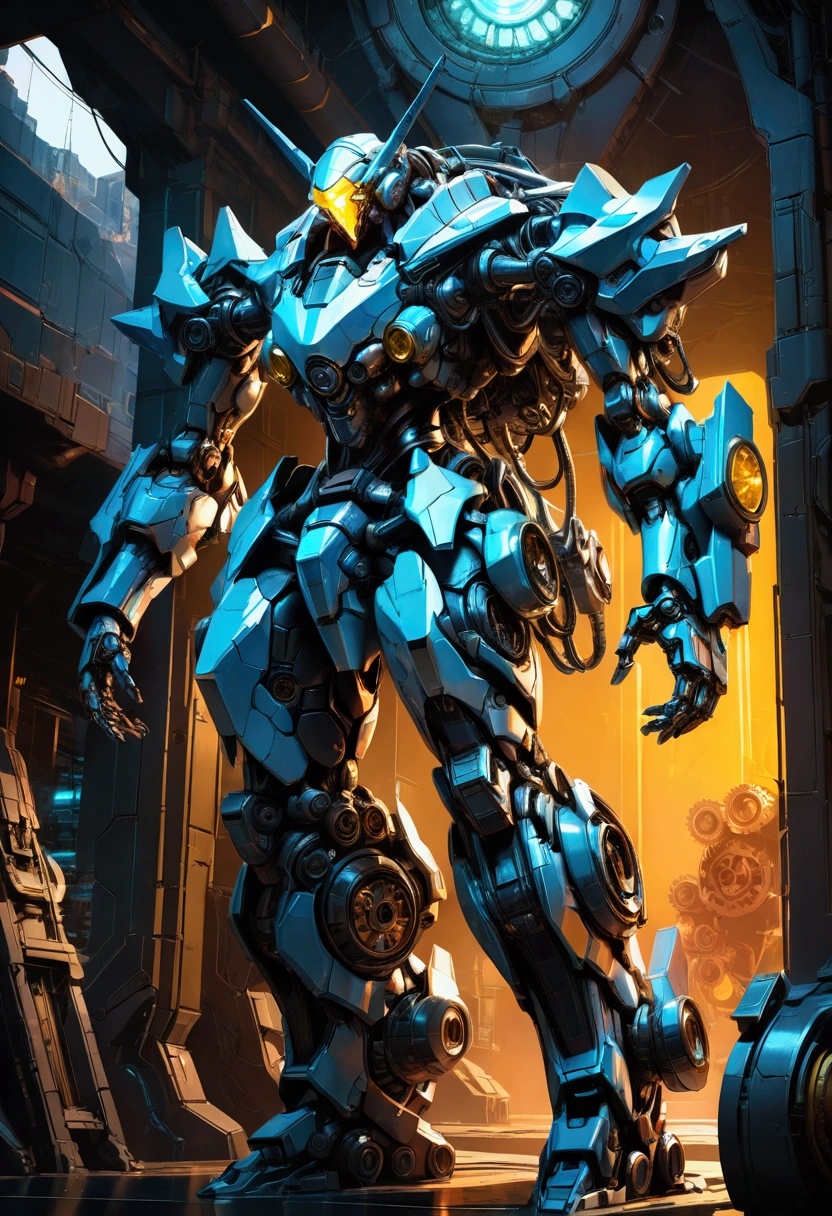 Giant Weapon, a massive futuristic mecha robot, highly detailed mechanical parts, intricate gears and pistons, glowing energy core, dramatic pose, cinematic lighting, sci-fi atmosphere, metallic sheen, depth of field, 8k, concept art style, masterpiece, best quality, very aesthetic, absurdres