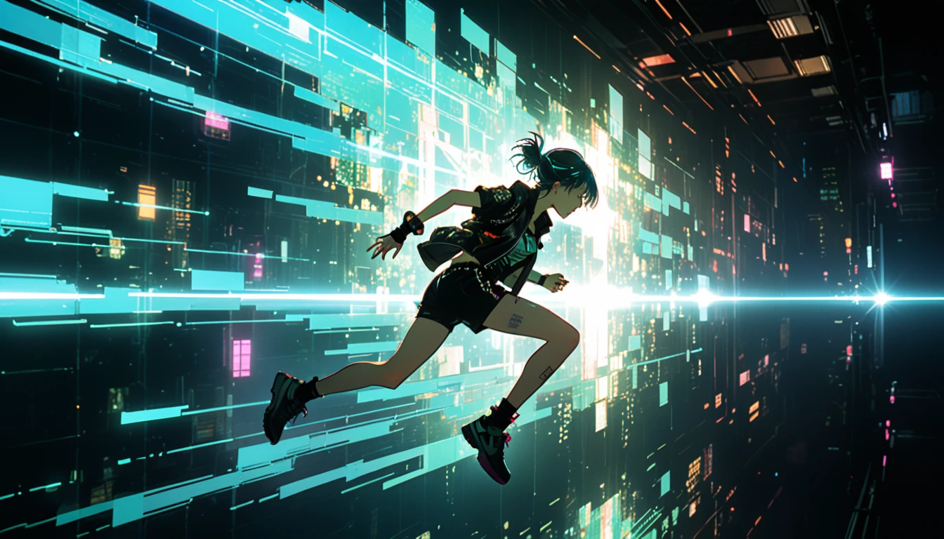 cyber punk,Female punk singer, lofi ,Run ,jump,Harry Clarke style,(Ashley Wood Style:1.4), (Double exposure:1.4),Thrilling footage released,cyber punk ヴェイパーウェイヴ,Holographic Projection,(Pause，Dynamic Action:1.8)