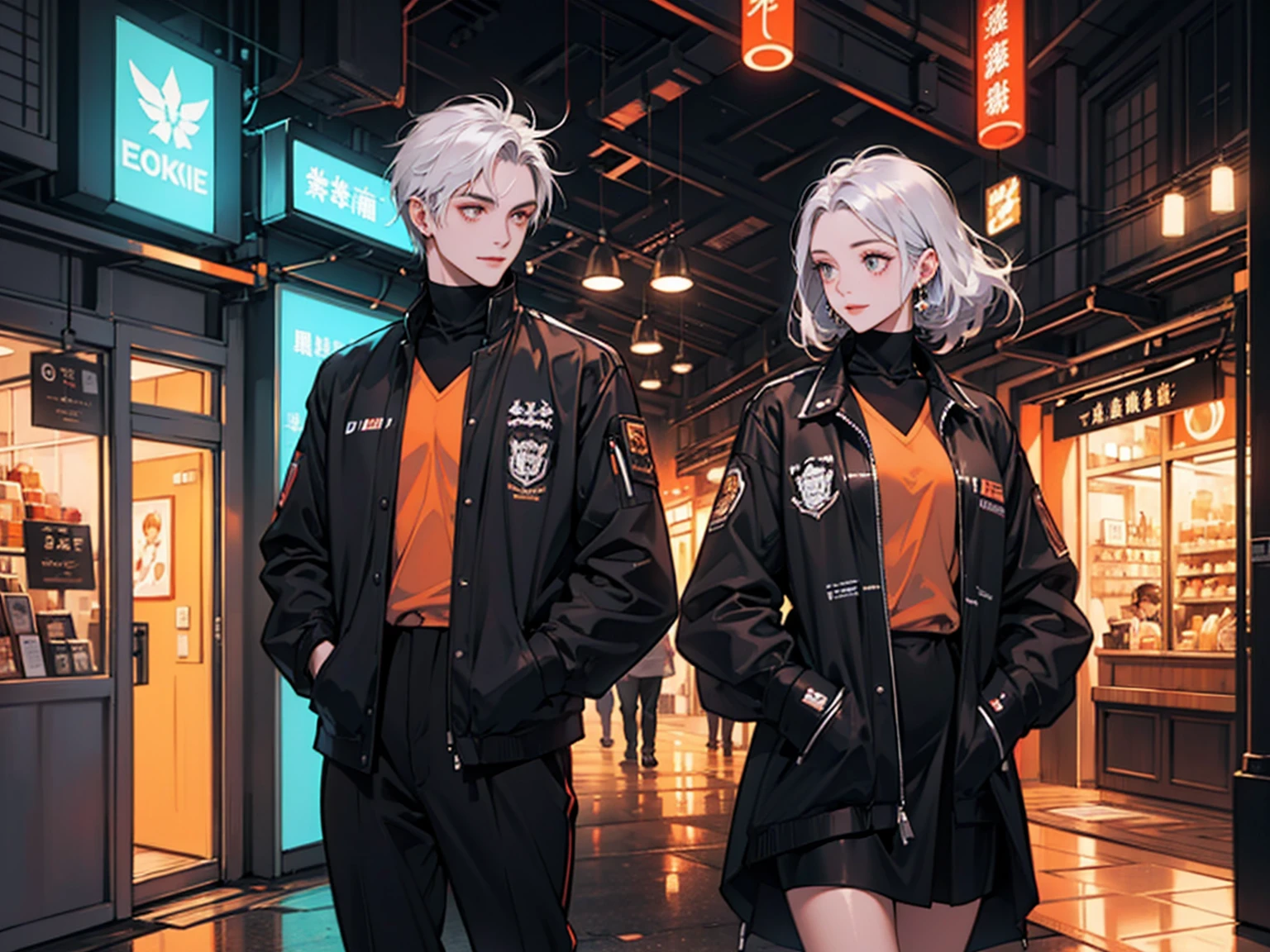 Highest quality,masterpiece,Images full of ultra-high resolution,night間の屋内,Cafe in the Sky,Orange color scheme in the café,Coffee and beer were available,can,night,Inside the room,coffee maker,Coffee lockers,Orange neon color scheme,Silvery white hair,Black Fashion Clothes,Matching orange and black outfit,boxer,Cafe Beautiful Girl,Cyberpunk Background,The background is colorful,side,smile,A variety of leisurely poses,Perfect Makeup,Love eyes,8K quality,Cyberpunk characters,Science and technology sense,Text with backlight,Rim Light,Movement changes,flowing hairstyle,Loose hairstyle,Refined number of fingers,The most beautiful girl in mankind,Wear a headband,Luminescent Accessories,Glowing Earrings,Wear delicate accessories,Close-up of a delicate face,Realistic image quality,super light and shadow,Very good figure,Scrupulous,Sip a cup or coffee on the rooftop in the evening,Very good figure,Raised to be sexy,bright,nice,Very stylish cafe,nightのカフェ,Gorgeous,Have food,Laughing happily,Hands can be put in pockets