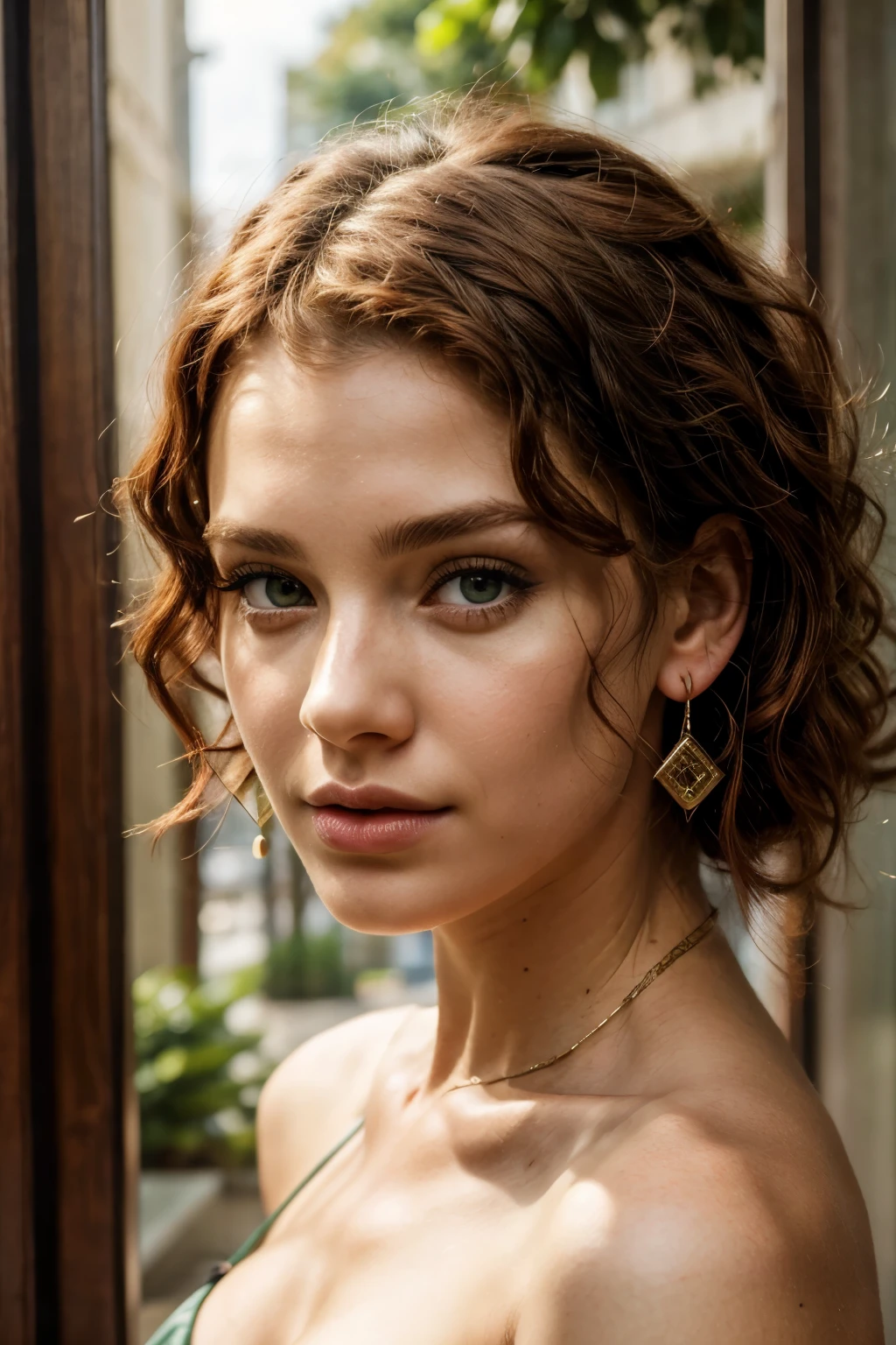 The face of a young woman, green eyes, red curls, nose piercing, ear rings, full lips, index finger in front of the lips, sexy Blick, detailed face, realistic, datailed lips