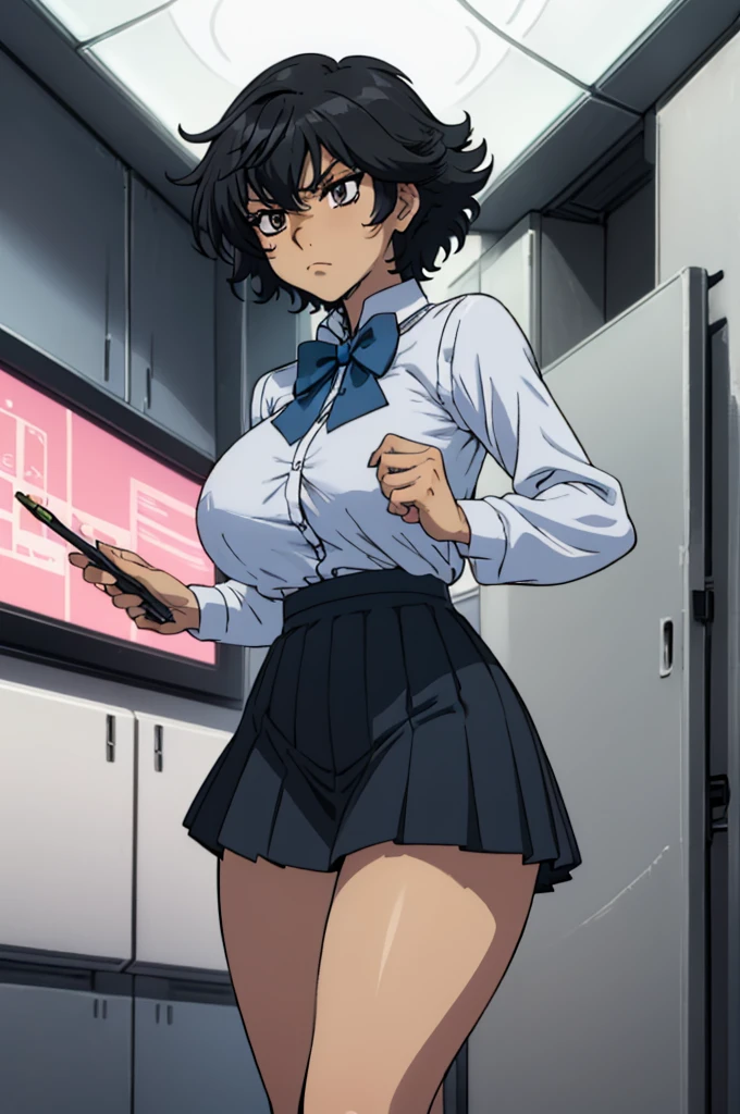 closed mouth, (), ((1girl)), (((genderbend))), (((female))), wide hips, thick thighs, huge breast, narrow waist, ((school uniform)), ((white shirt)), ((blue bowtie)), ((school full of people)) (black short skirts), ((anime artstyle)), long eyelashes, long black hair, bored , (((at day)))