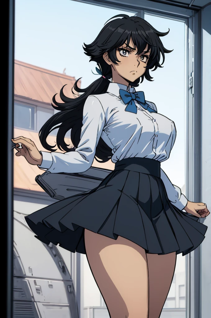 closed mouth, (), ((1girl)), (((genderbend))), (((female))), wide hips, thick thighs, huge breast, narrow waist,  ((school uniform)), ((white shirt)), ((blue bowtie)), ((school full of people)) (black short skirts), ((anime artstyle)), long eyelashes, long black hair, bored , (((at day)))