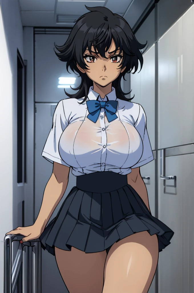 closed mouth, (), ((1girl)), (((genderbend))), (((female))), wide hips, thick thighs, huge breast, narrow waist, ((school uniform)), ((white shirt)), ((blue bowtie)), ((school full of people)) (black short skirts), ((anime artstyle)), long eyelashes, long black hair, bored , (((at day)))