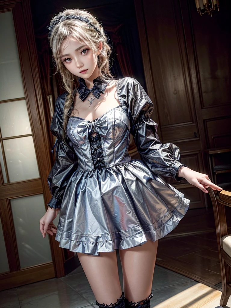 (8K, Photorealistic, Raw photo, of the highest quality: 1.3), (1girl in), Super beautiful, (Realistic face), (boyish, Silver Color Berry Shorthair), Beautiful , Glare that captivates the viewer, Beautiful expression, Beautiful breasts, (Realistic skin), Be...Super high quality, super high definition, super detailed, masterpiece, 20years old, female, cute, perfect face, beautiful, nice body, gothic lolita clothes, gothic lolita fashion, frilly skirt, headdress, necklace, bracelet, knee-high socks, boots, double eyelids, tear bags, Detailed down to the fingers, photo-like description, indoors, dim indoor lighting, blonde hair, pony tail, standing, whole body, composition that shows the whole body, smiling