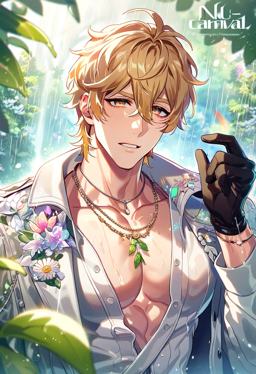 absurdres, highres, ultra detailed, HDR, master piece, best quality, extremely detailed, detailed eyes, Quincy, blonde hair, messy hair, hair between the eyes, expressive amber eyes, Nu Carnival, solo, sexy man, handsome, horny, transparent white trench coat with accessories, white shirt, showing the chest, necklace, black gloves, spring, flowers, green leaves, magical forest, fantasy, rain