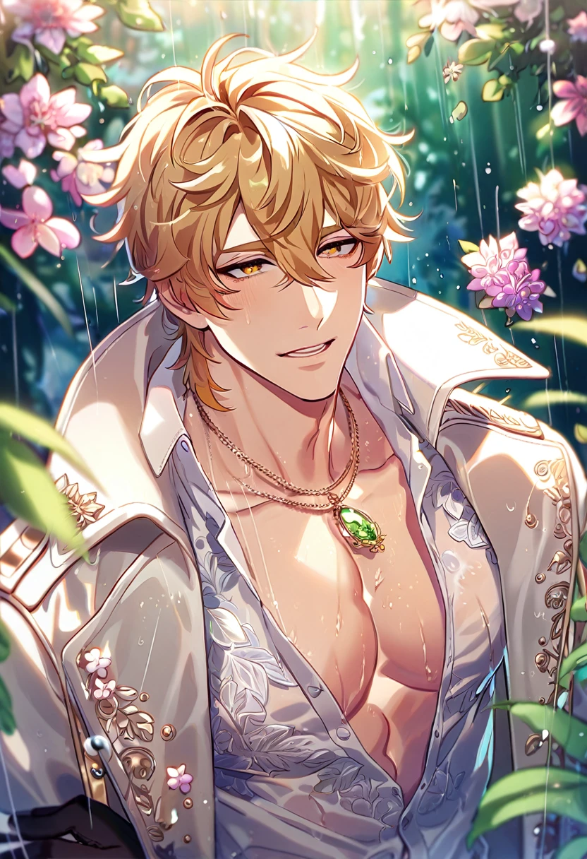 absurdres, highres, ultra detailed, HDR, master piece, best quality, extremely detailed, detailed eyes, Quincy, blonde hair, messy hair, hair between the eyes, expressive amber eyes, Nu Carnival, solo, sexy man, handsome, horny, transparent white trench coat with accessories, white shirt, showing the chest, necklace, black gloves, spring, flowers, green leaves, magical forest, fantasy, rain