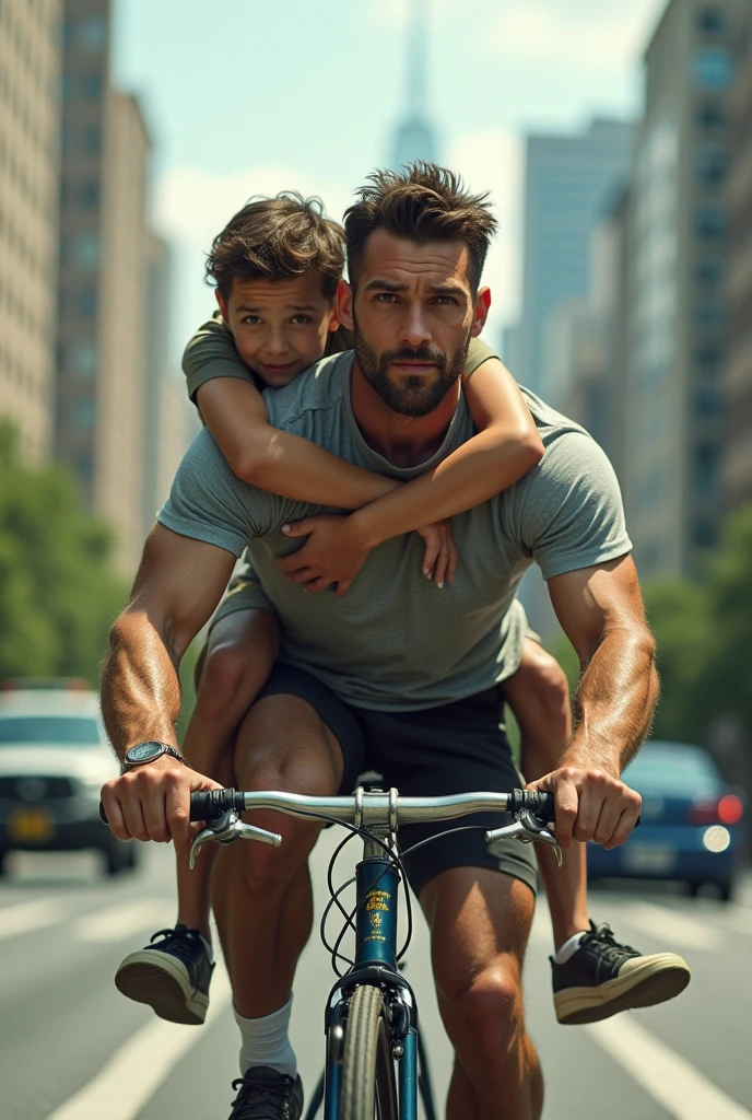 A man riding a bicycle with another man on his back