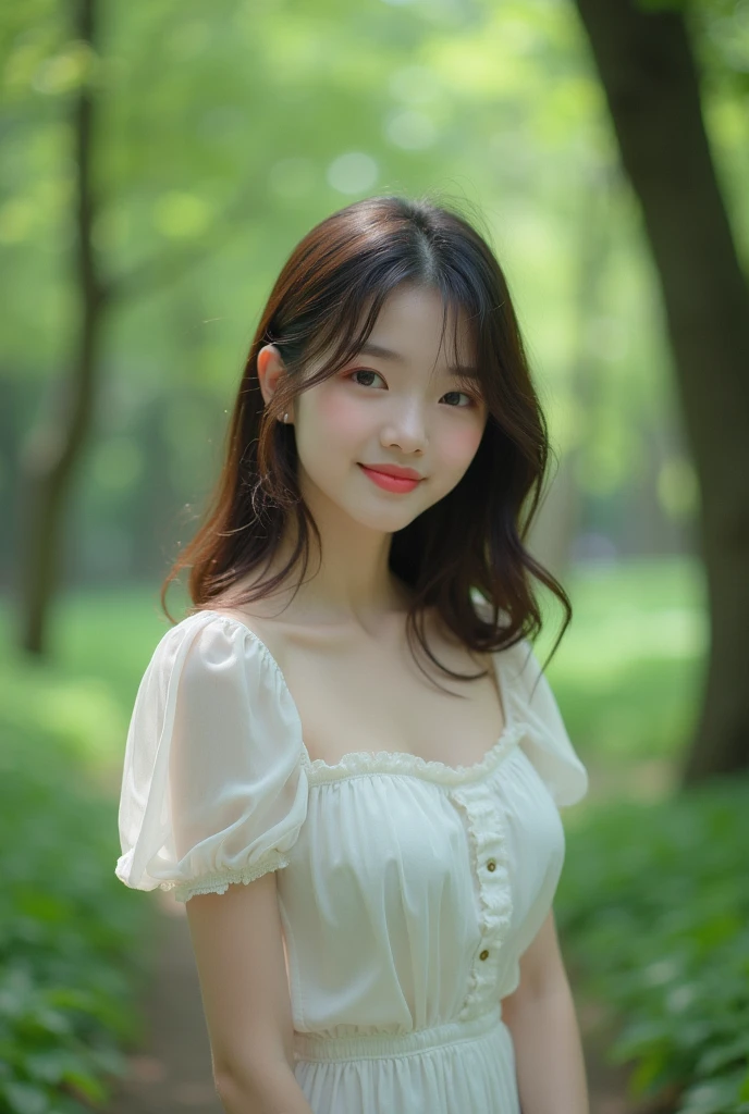 cute, アイドルのようにcute少女、Smiling Kindly、height: 150cm、Medium sized breasts、Cleavage、Forest Park、Natural light、RAW Photos、Genuine、Live Action、realism、masterpiece、RAW Photos、High resolution