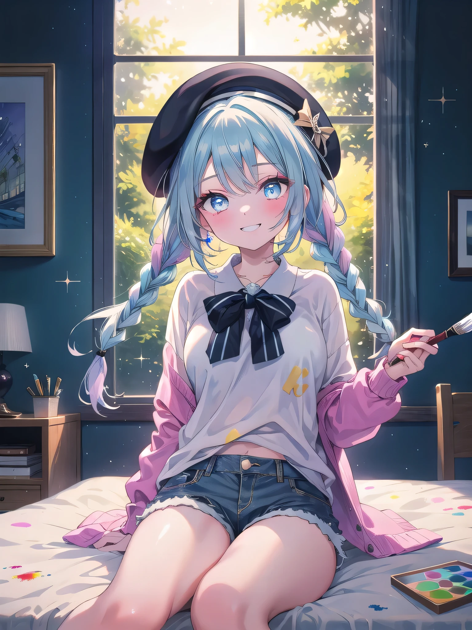 ((8k, Highest quality, masterpiece: 1.3)),Ultra-high resolution,(1 girl, alone), (Color changing eyes, Ultra-detailed, Expressive brilliance, Glitter, Glowing Eyes), Highly detailed eyes, Highly detailed face, Random Hair, ((pastel colour)),A lively young woman with pastel blue hair styled into twin braids, sitting cross-legged on her bed in her brightly lit bedroom during a sunny afternoon. She is dressed in a simple yet subtly sexy artist cosplay, wearing an oversized paint-splattered shirt, a pair of denim shorts, and a beret. The camera captures her from an overhead angle as she grins while holding a paintbrush, her expression full of creativity and joy. The room is filled with natural light, with a canvas on an easel, a palette of vibrant colors, and an inspiring, artistic atmosphere.




