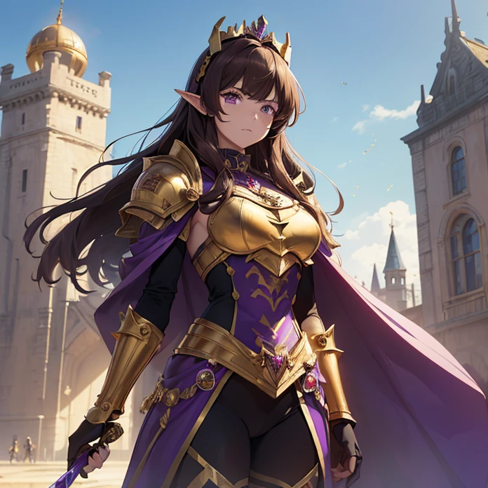 (absurdres, Masterpiece, best quality, no deformity, good anatomy, cowboy shot, front view, character alone, "Warhammer's aesthetic") {{1character:900 years old brown-haired elf noble mature beautiful milf princess:,(dark-brown short-messy-spiky-hair with ahoge, fair skin, purple eyes, brown eyebrows),(purple power heavy armor(no body skin),full heavy golden cuirass armor, full bulky big and sharped purple shoulder plates with gold trims, full armored arms and elbows in purple steel, full armored purple gauntlets, full armored steel gold hips, full armored purple legs, full steel gold longboots, steel purple helmet with gold tiara at the top, red-jeweled-gold-necklace(holding with left arm a golden blade sword)),(she is: marching at the tower, watching with courage and seriousness the situation),(castle's deffensive tower, radiant sun in the sky, midday light-blue sky, several golden cannons over the tower's platform)}}