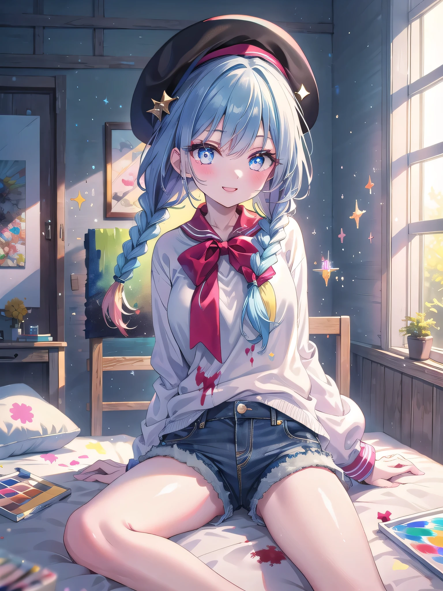 ((8k, Highest quality, masterpiece: 1.3)),Ultra-high resolution,(1 girl, alone), (Color changing eyes, Ultra-detailed, Expressive brilliance, Glitter, Glowing Eyes), Highly detailed eyes, Highly detailed face, Random Hair, ((pastel colour)),A lively young woman with pastel blue hair styled into twin braids, sitting cross-legged on her bed in her brightly lit bedroom during a sunny afternoon. She is dressed in a simple yet subtly sexy artist cosplay, wearing an oversized paint-splattered shirt, a pair of denim shorts, and a beret. The camera captures her from an overhead angle as she grins while holding a paintbrush, her expression full of creativity and joy. The room is filled with natural light, with a canvas on an easel, a palette of vibrant colors, and an inspiring, artistic atmosphere.