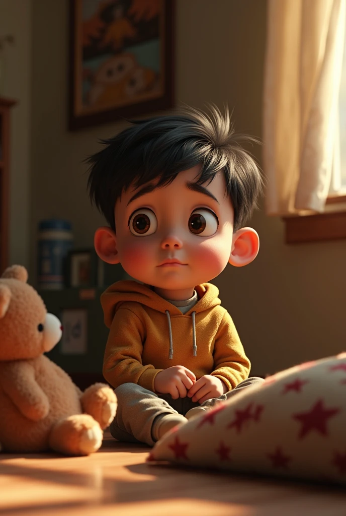 A sad 3 year old boy at home, pixar style, cinematic, masterpiece, high-aesthetic, realistic