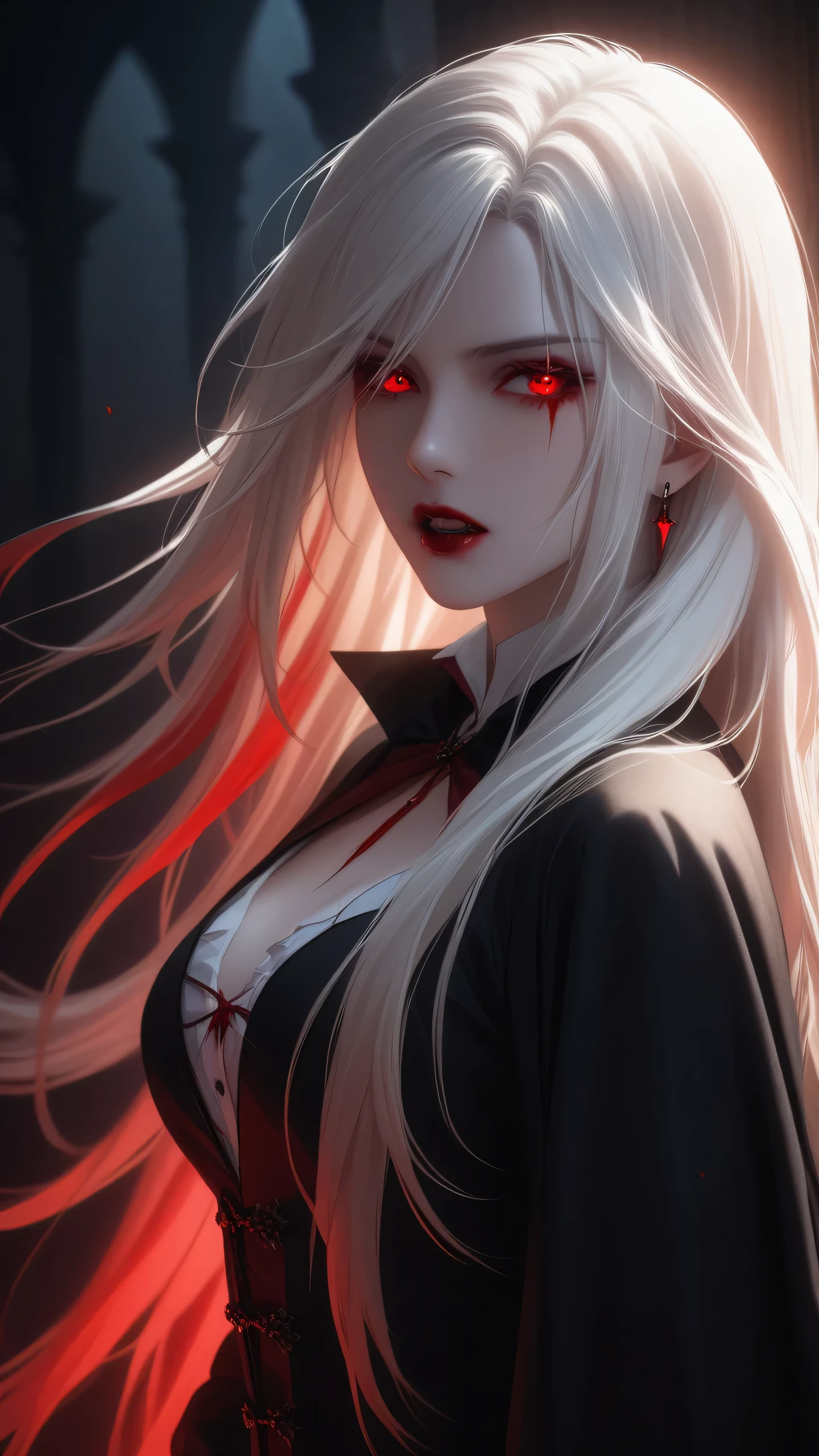 a vampire girl with long white hair, piercing red eyes, blood flowing from her mouth, dramatic lighting, dark fantasy, cinematic, dramatic pose, cinematic lighting, dark moody atmosphere, highly detailed, best quality, masterpiece