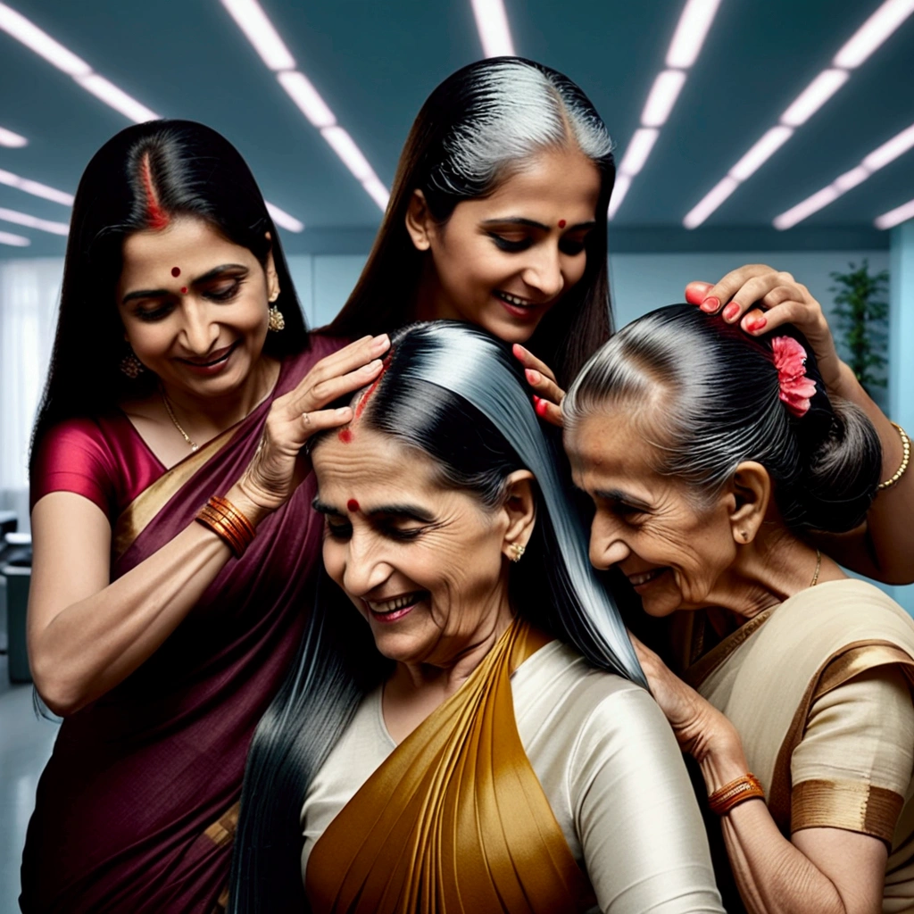 Ultra detailing image prompt,Generate by using all the ladies features,figures and detailes,exactly and stictly as per the image prompt,Generate with strictly indian eldery ethnecity,Generate ladies straight hairs flow and length continuevity with using exact image prompt,Strictly follow the hair colors exactly as per image prompt,Generate ladies hairs as gray black colors exactly as per image prompt,Generate woth perfect eye friendly colors without damaging hairs shininess,