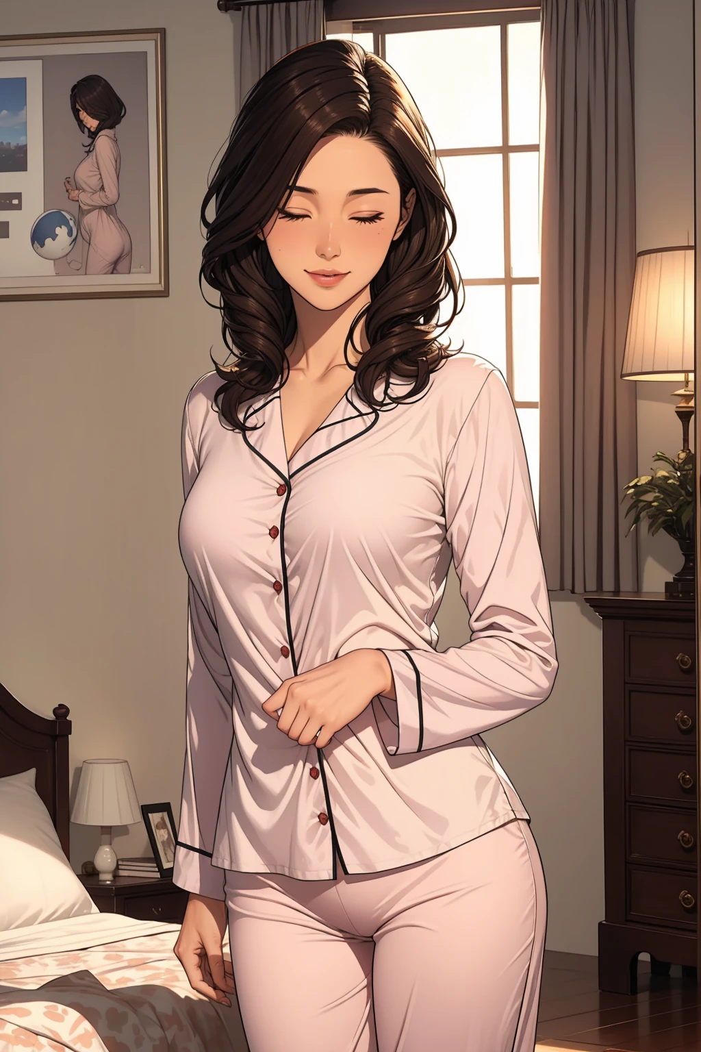 1 female, milf, brown long hair, large breast, perfect body, wearing satin white pyjamas sleep wear with love pattern, standing, from behind, blushing, smiling, inside bedroom, oda non, seethru shirt, transparent sleepwear, front view, 