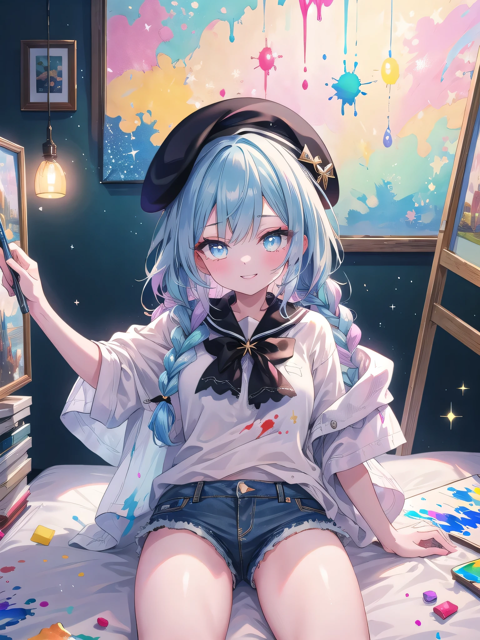 ((8k, Highest quality, masterpiece: 1.3)),Ultra-high resolution,(1 girl, alone), (Color changing eyes, Ultra-detailed, Expressive brilliance, Glitter, Glowing Eyes), Highly detailed eyes, Highly detailed face, Random Hair, ((pastel colour)),A lively young woman with pastel blue hair styled into twin braids, sitting cross-legged on her bed in her brightly lit bedroom during a sunny afternoon. She is dressed in a simple yet subtly sexy artist cosplay, wearing an oversized paint-splattered shirt, a pair of denim shorts, and a beret. The camera captures her from an overhead angle as she grins while holding a paintbrush, her expression full of creativity and joy. The room is filled with natural light, with a canvas on an easel, a palette of vibrant colors, and an inspiring, artistic atmosphere.



