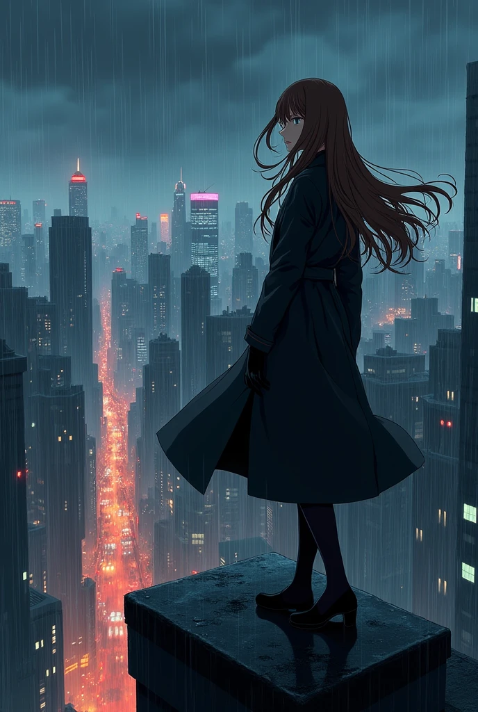 MAKE ME A COVER OF A FEMALE DETECTIVE WITH LONG BROWN HAIR AND WEARING BLACK CLOTHES who is standing, on a dark and rain-soaked building, with the city of Wraithtown in the background. all that in anime version