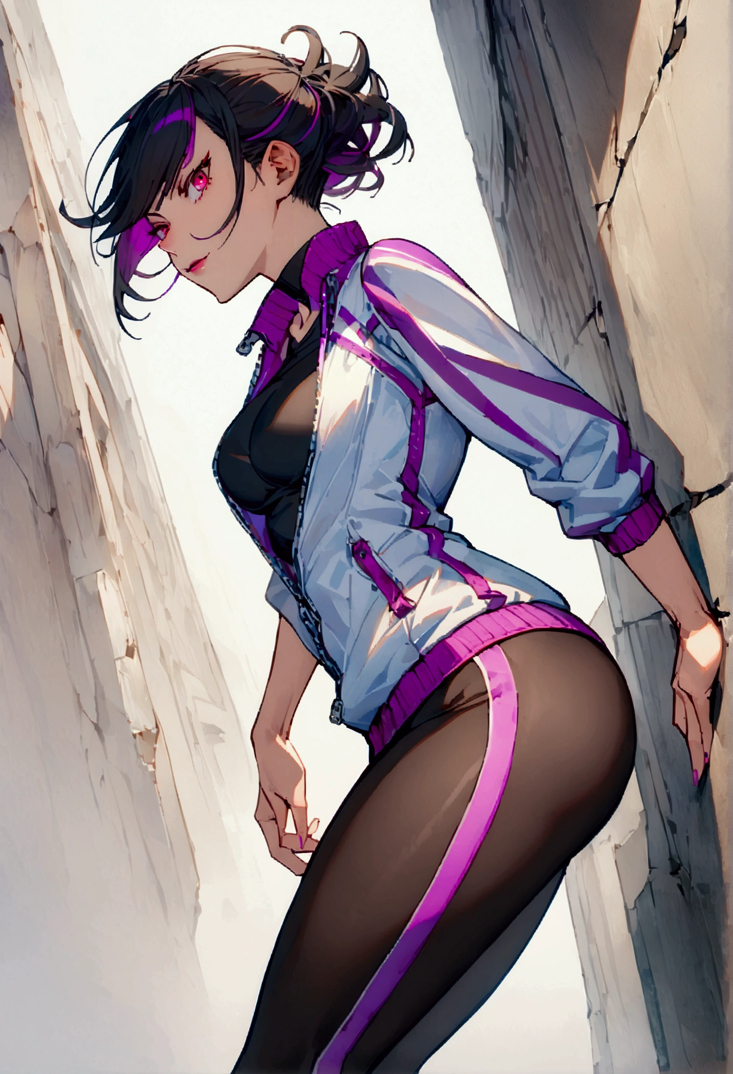 standing,alone,leaning against a broken wall,short hair,work of art,face detailed,beautiful young fitness woman with , in a gym wearing May with black pantyhose, white and purple tight short gym jacket. standing alone,red eyes glowing,Evil smile,legging preto ,labiaa,dark eye shadow,shining eyes,a hand leaning against the wall,neckleace,jacket zipper half open,Tight black shirt,white sports tennis shoes,short hair with purple details,beautiful curves,whole body,hair with purple details,labiaa,detailed face and eyes,work of art,sexy look,pefil from sideways,from sideways,wind in your hair,fully body,glasses on eyes,ancient city
